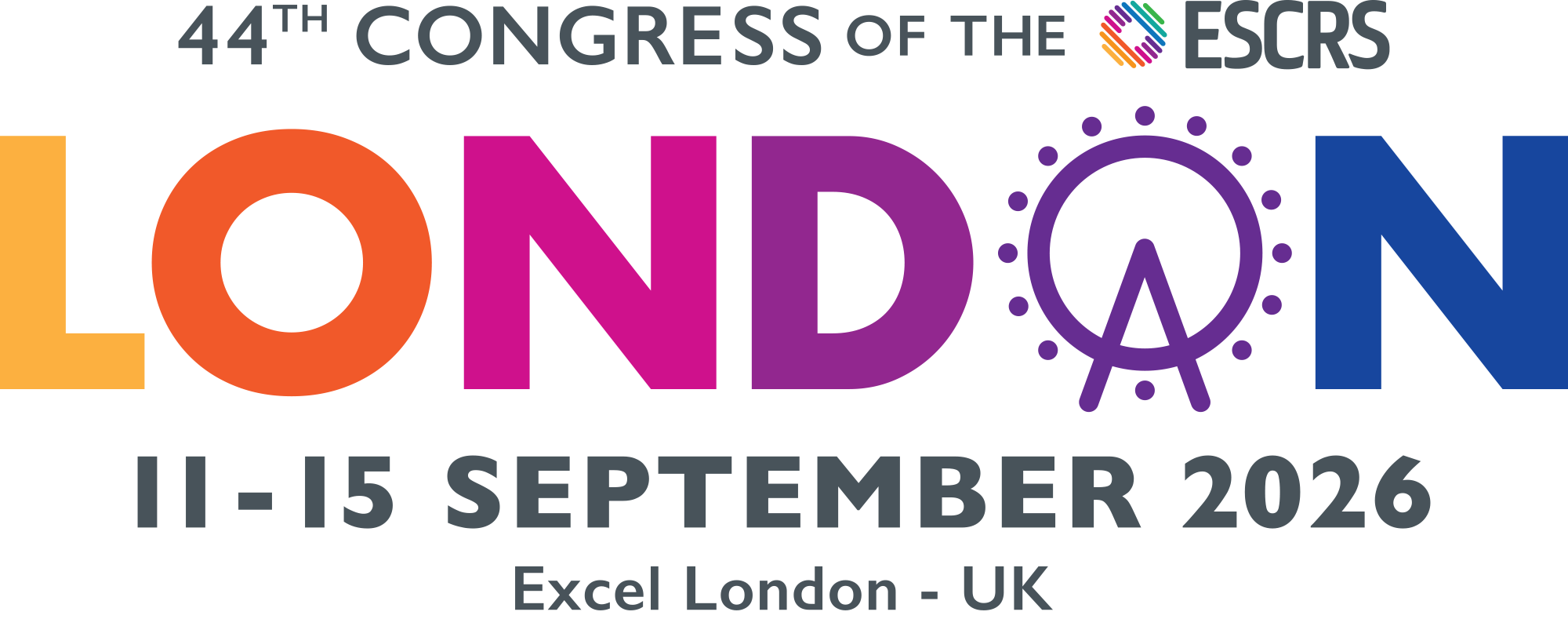Cartel oficial del 44 Congreso ESCRS 2026 en Londres, con el logotipo de la Sociedad Europea de Cirujanos de Cataratas y Refractiva sobre un fondo azul y dorado